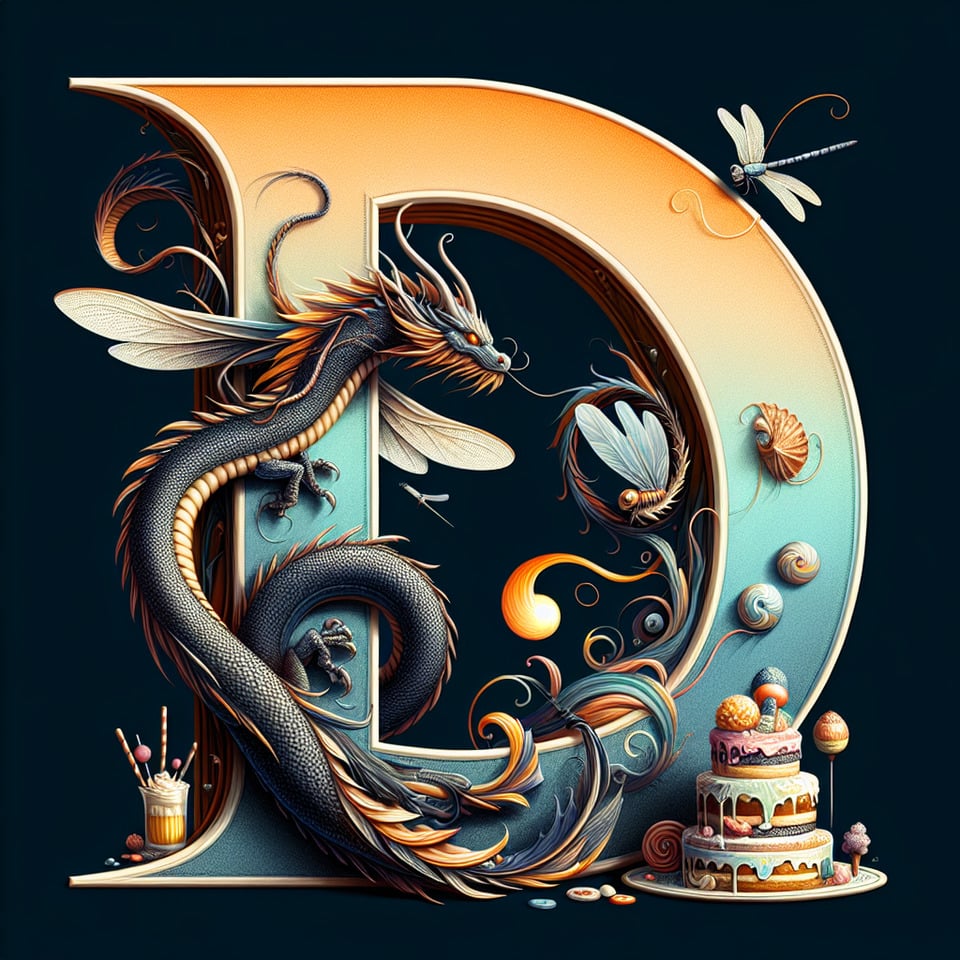typography of alphabet D that include dragon dragonfly dawn dessert text effect image