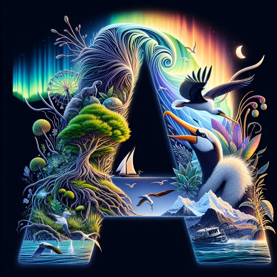 typography of alphabet A that includes aurora acacia amazon artic albatross text effect image