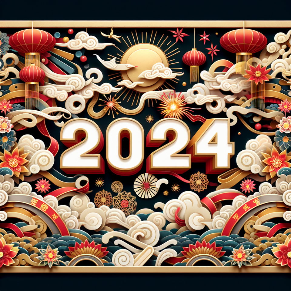 文字「2024」豪華文字效果，中國剪紙風3D背景,金色與紅色細膩畫風,有雲彩,天燈,花朵,煙火,彩帶typographyillustration3d render text effect image