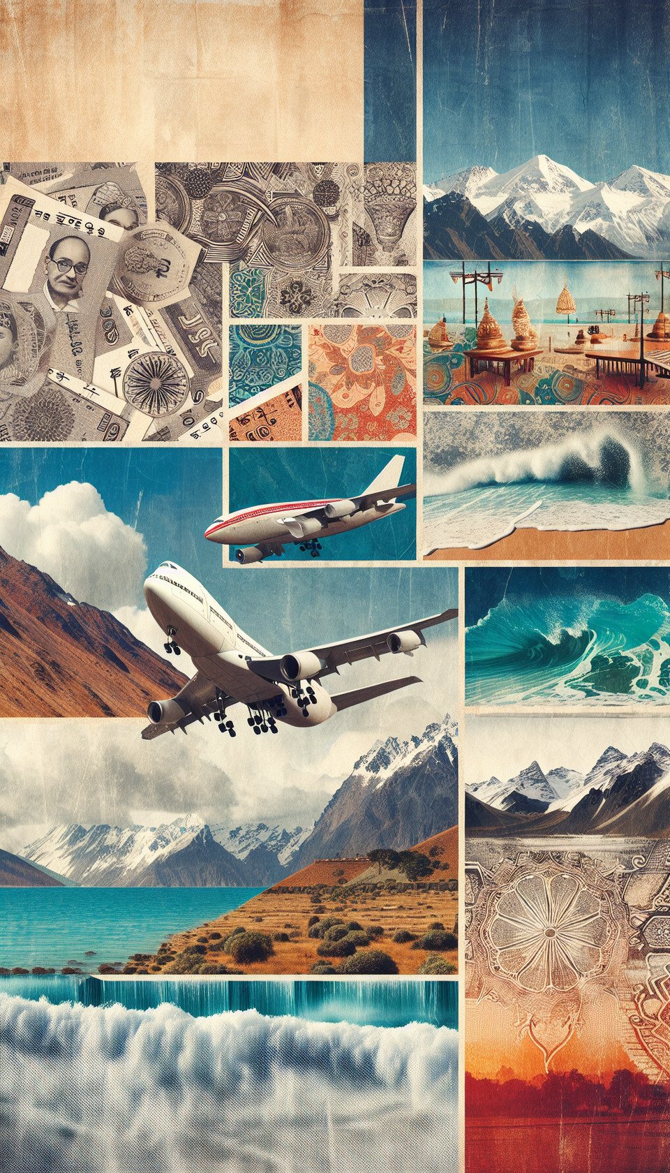 Background - An airplaneIndian currency notes flying over beaches and mountains and overall there is a feel of interior design. Copy Guess what's hooking at Bonito Designs. The hint is in the background images. text effect image
