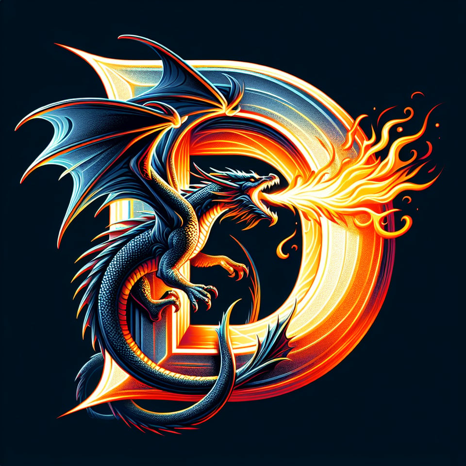 Typography alphabet D that includes dragon with fire  text effect image