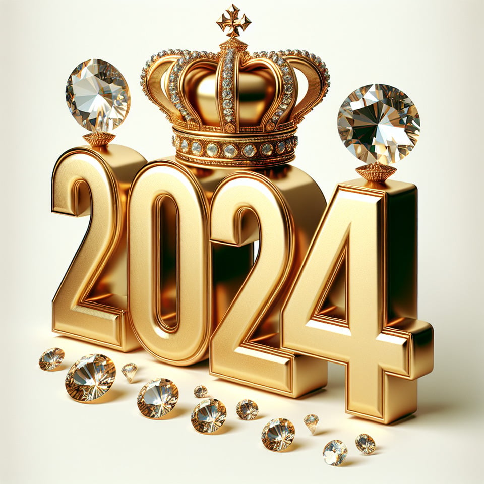text 2024 golden luxury text effect with crown and diamond on white background3d render text effect image