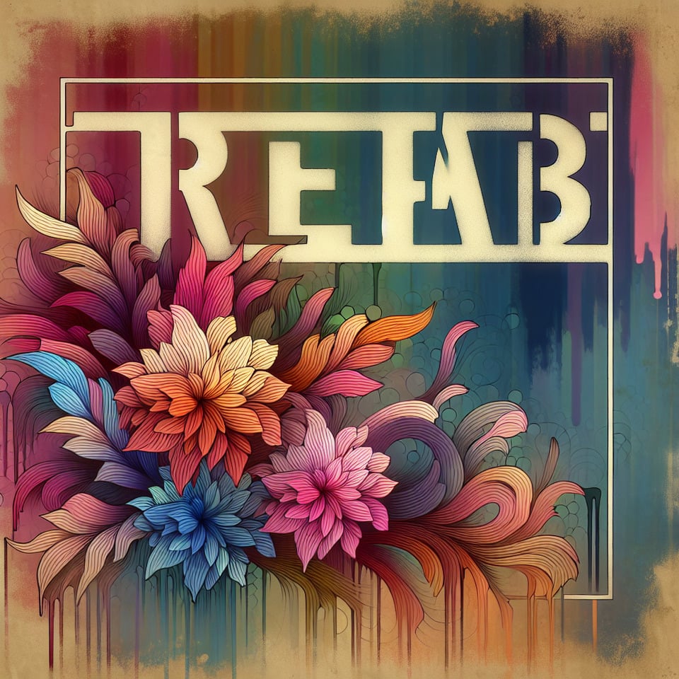 Name REHAB written on the backgroundsmall colorful touches of 3D paint and with colorful flowers and pink text effect image