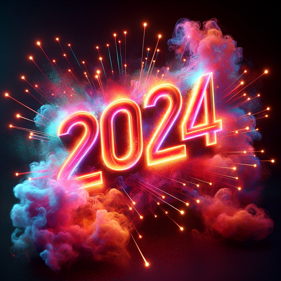 Văn bản 2024 văn bản 3d giật gân đầy màu sắc và nền khói text effect image
