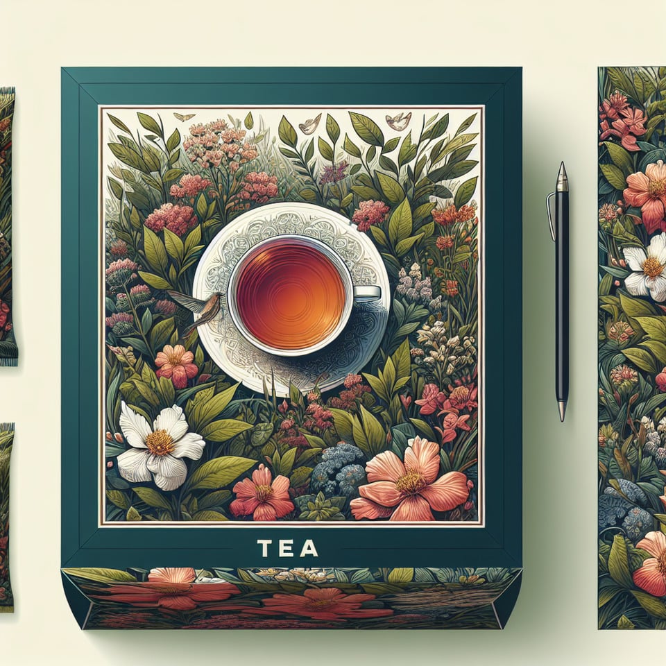 tea packaging design with tea cup & garden text effect image