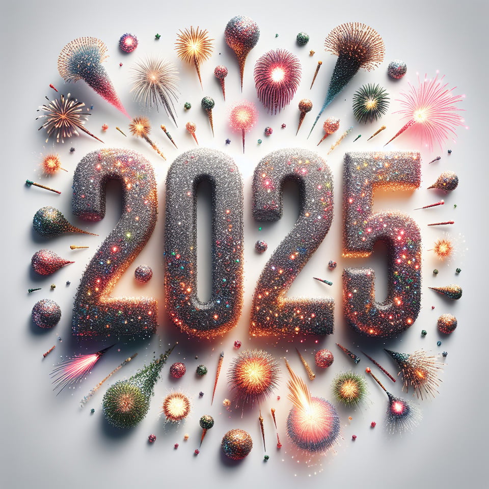 Happy new year text 2025 lettering with fireworks on white background text effect image