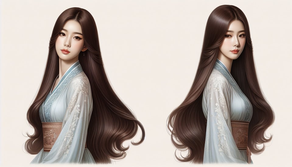 台灣直髮長髮飄逸的美女,穿著優雅洋裝的照片painting text effect image