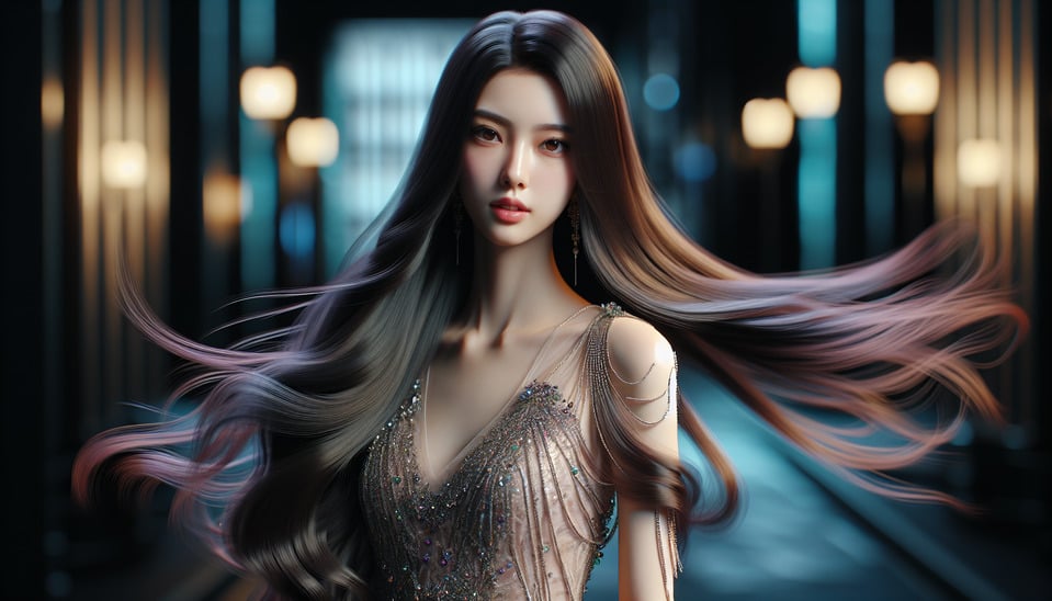 台灣直髮長髮飄逸的美女，穿著優雅洋裝的照片painting3d rendercinematicillustrationphotoposterfashiontypographyproductanimearchitecturedark fantasyvibrantportrait photography text effect image