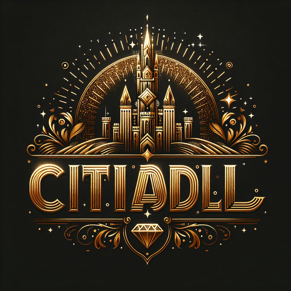 text CITADEL golden luxury text effect with tower and diamond on black backgroundcinematic text effect image