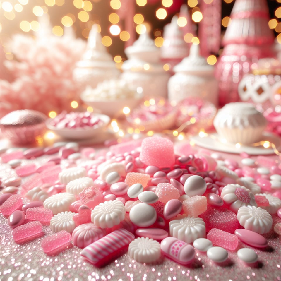 textHappy whiedayr many pink candies on table text effect image