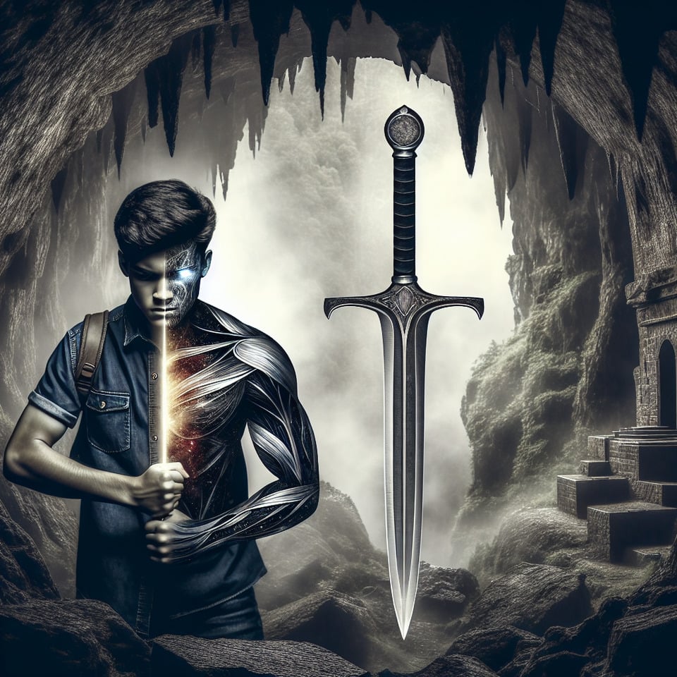 a 17 year old boy taking a sword from a massive cave and he change into a hero with 6 pack body and with a mask. text effect image