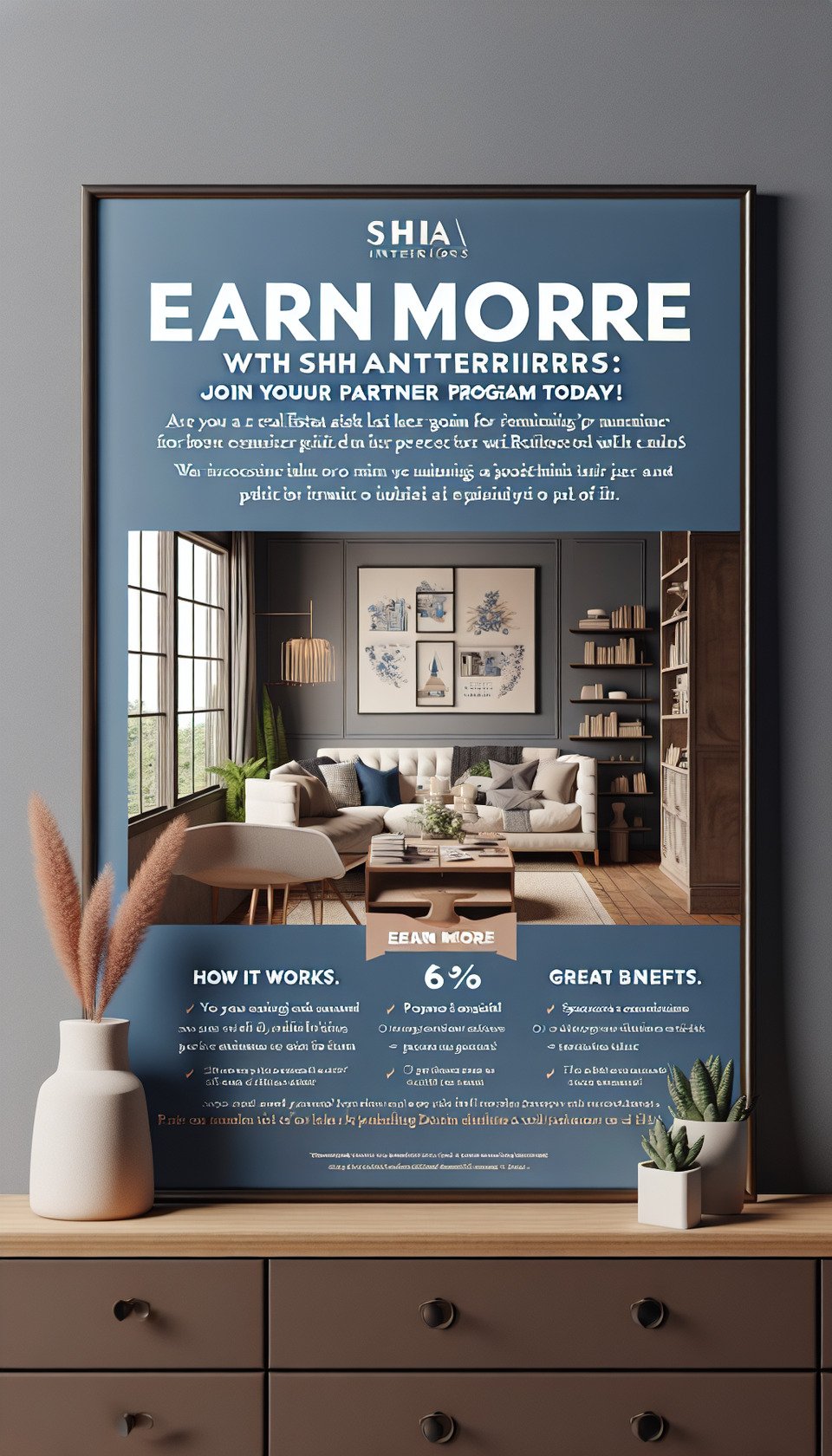 Title:** Earn More with SHHA Interiors: Join Our Partner Program Today!,,**Content:**,,Are you a real estate agent looking to earn more while providing better service to your clients? Partner with SHHA Interiors! We're excited to offer you an exclusive partnership program that's easy to understand and rewarding to be a part of.,,**How it Works:**,,1. **Refer Clients:** When you refer clients to SHHA Interiors for interior design servicesyou'll earn a 6% commission for every successful referral that leads to a project. It's a simple way to earn more for your hard work!,,2. **Great Benefits:** As a partneryou'll also enjoy exclusive benefitssuch as priority access to our design team and special events. Plusonce you've referred 10 clients who complete projects with usyou'll get even more rewards as a Royalty member!,poster text effect image