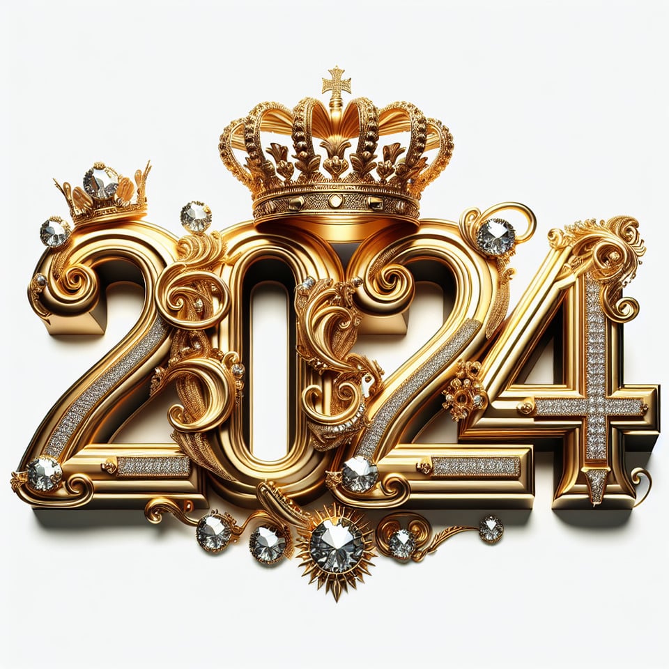 text 2024 golden luxury text effect with crown and diamond on white background text effect image