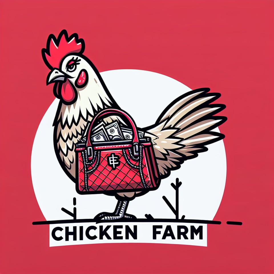 create logo chicken fram hen wearing gucci bag in the bag have much money line with red color background text effect image