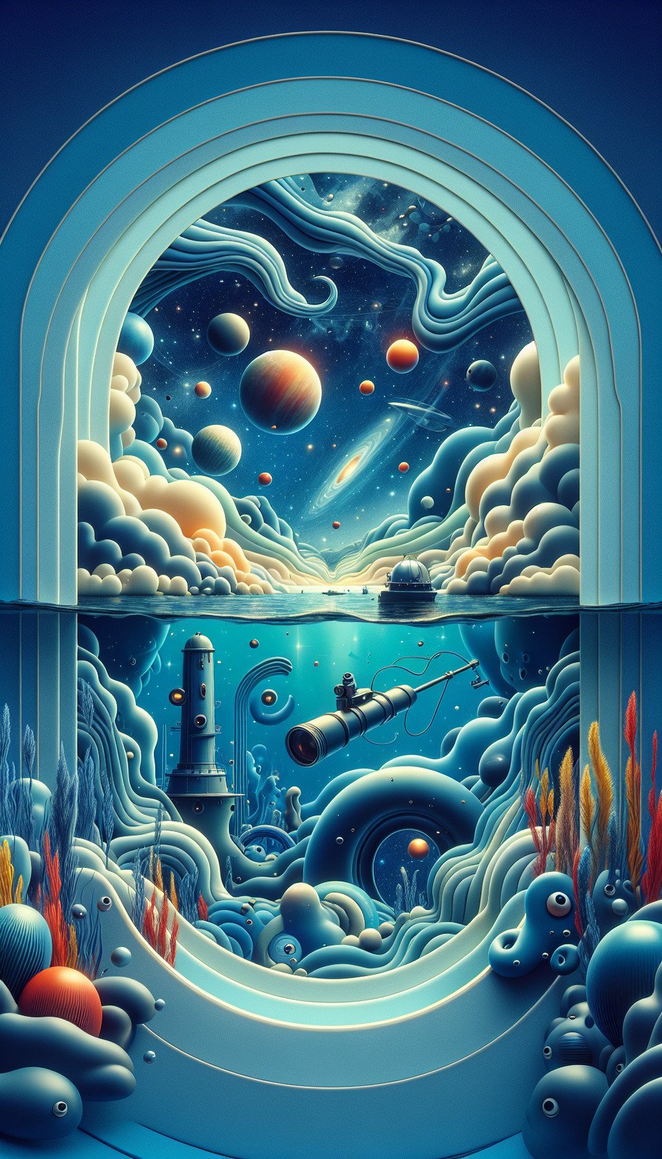 A underwater scene that also looks like outer spacewith elements liketelescopesubmarine/spaceship windowseyesfishplanets and such. The colour palette is majorly blueswith small amounts of redorangeyellow if required.illustration3d rendercinematicposter text effect image