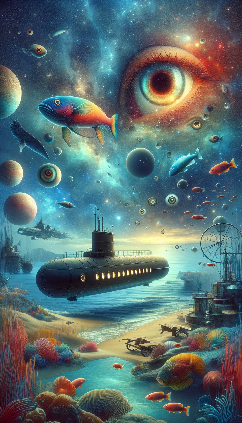 A underwater scene that also looks like outer spacewith elements liketelescopesubmarine/spaceship windowseyesfishplanets and such. The colour palette is majorly blueswith small amounts of redorangeyellow if required.illustration3d rendercinematicposter text effect image