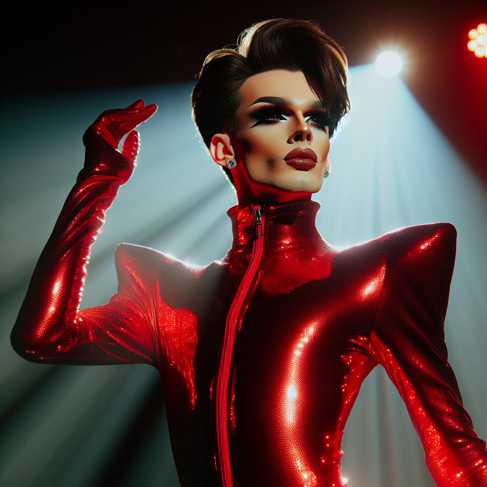 a drag queen on a red catsuit and flat hair text effect image