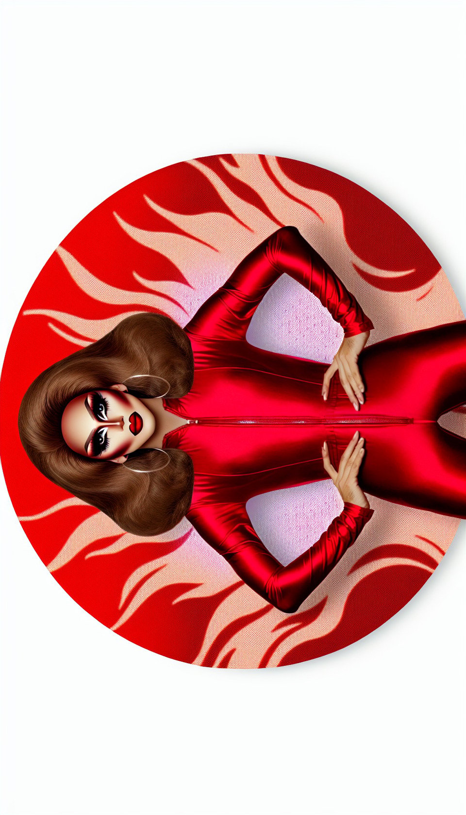 a full body drag queen on a red catsuit and flat hair text effect image