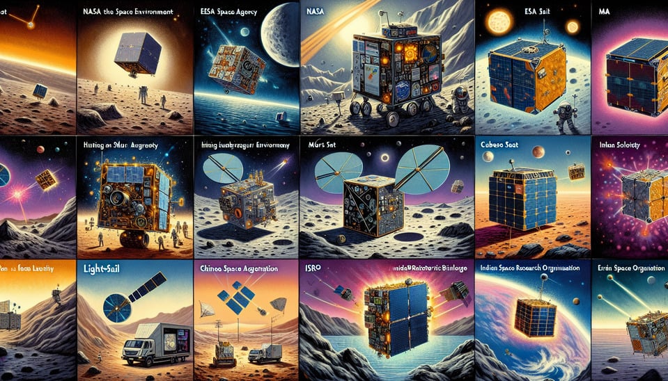. NASA's Artemis missions to the moon featured numerous CubeSat payloads These CubeSats will be put to use to conduct scientific studies on the environment of the moon as well as showcase new technologies such as communications on the moon and the hunt for resources. ,• Missions of the CubeSat class carried out by the European Space Agency (ESA) to investigate the polar regions of Mars. Mars Icebreaker is the name of the expedition that will consist of two CubeSats that will use radar to investigate the ice caps of Mars and hunt for subterranean water. ,• In 2019a CubeSat with the name LightSail 2 was sent into space by The Planetary Societywhich is a charitable organisation. The mission was successful in demonstrating how CubeSats may benefit from the usage of solar sail technologywhich moves a spacecraft forward by harnessing the force of sunlight on its surface. ,• The Chinese space agency has been quite involved in the creation of CubeSatsand they have even launched a CubeSat mission to investigate the magnetic field of the earth. ,• The Indian Space Research Organization (ISRO) has launched a series of CubeSatsincluding a CubeSat mission to study black hole X-ray binaries and another CubeSat mission to study the Earth's radiation belts. Both of these missions are part of the Indian Space Research Organization's (ISRO) ongoing research. text effect image