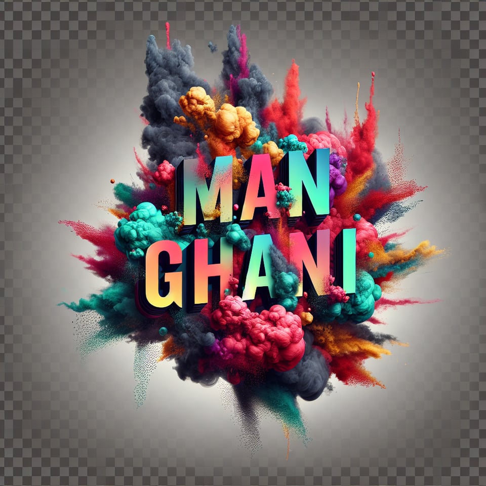 Text MAN Ghani colorful splash 3d text and smoky transparent backgroundRealistic detailed view. text effect image