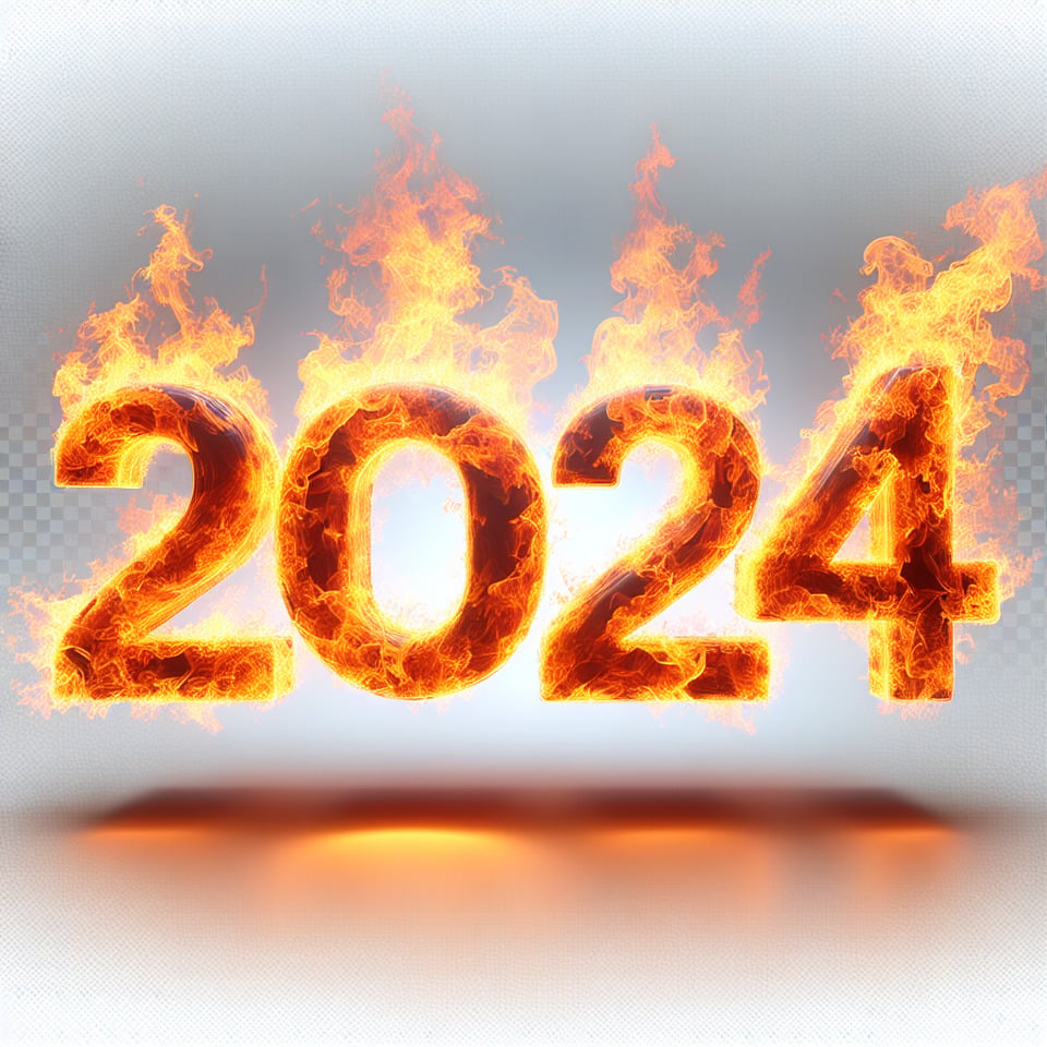 text 2024 year  lettering made from bright fire flames on transparent on white background3d renderillustration text effect image