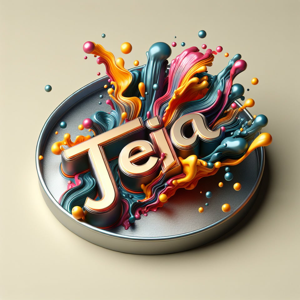 Text Teja colorful splash 3d text in goldsilver plate and background colorcinematictypography3d renderposter text effect image