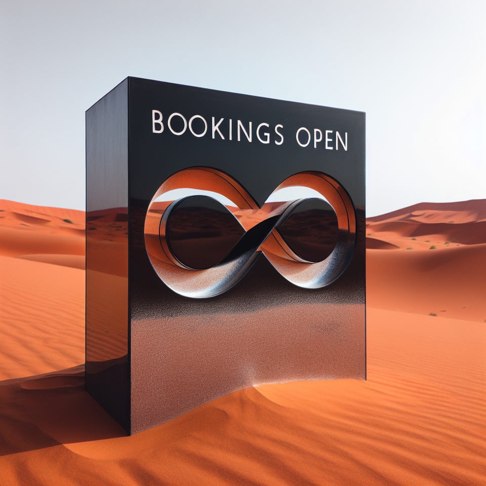 black-silver reflective text monolith in the middle of the red dunes. Text on monolith is Bookings Open with Infinity Symbol carved on it. text effect image
