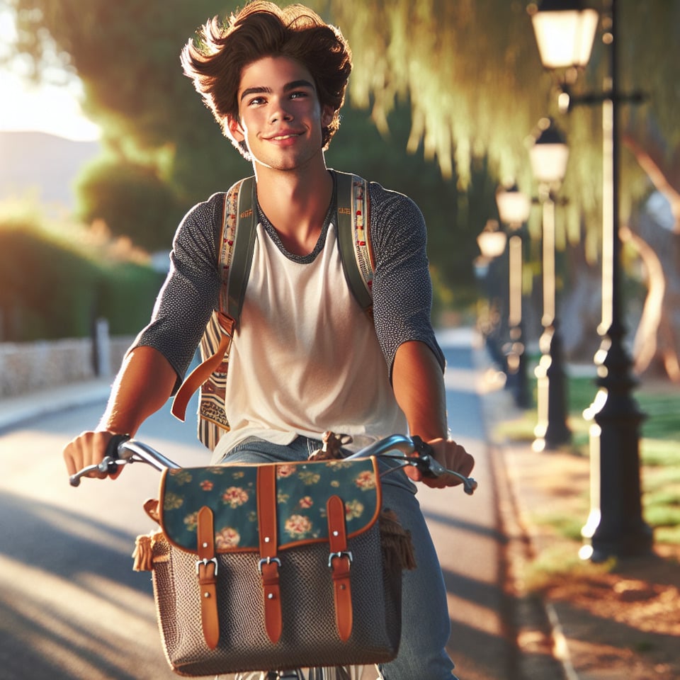 A handsome school going boy with awesome school bag on nice decorated bicycle on a beautiful roads with trees & light polls with visible face & full body text effect image