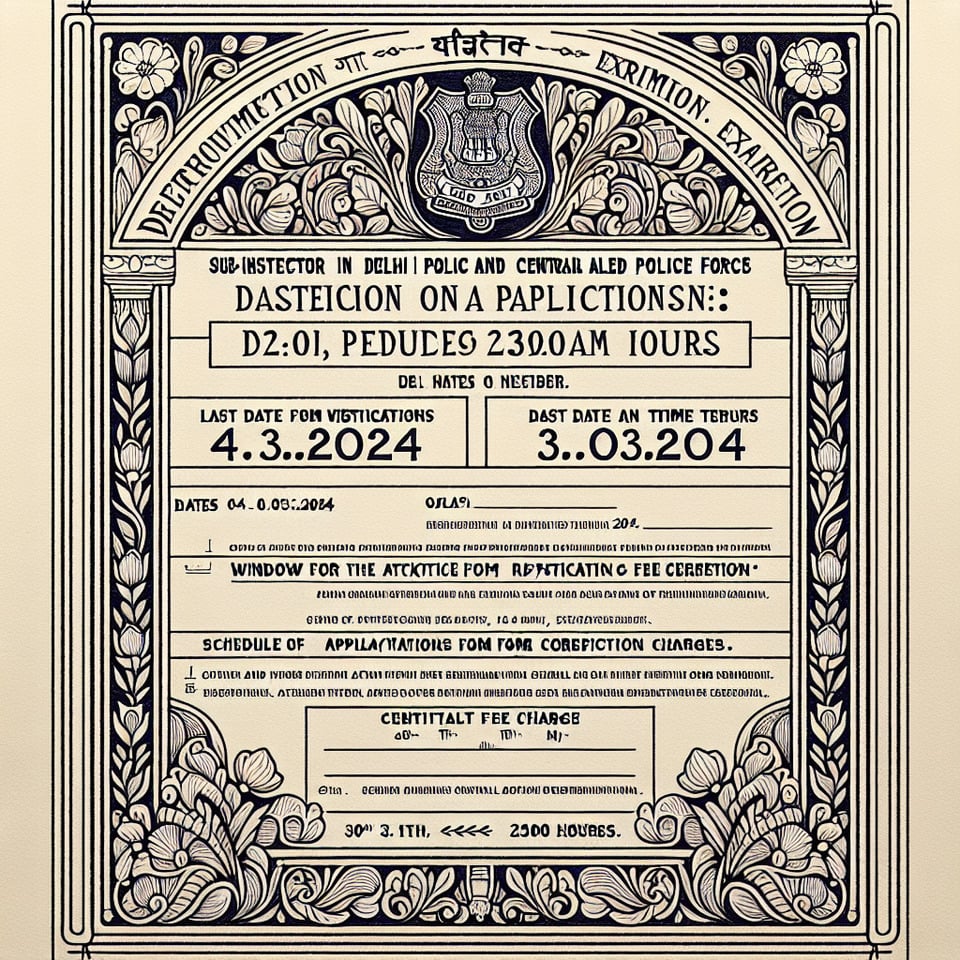 NOTICE,Sub-Inspector in Delhi Police and Central Armed Police Forces,Examination2024,Dates for submission of online applications 04.03.2024 to 28.03.2024,Last date and time for receipt of online,applications,28.03.2024 (2300 hours)Last date and time for online fee payment 29.03.2024 (2300 Hrs),Date of ‘Window for Application FormCorrection’ and online payment of Correction,Charges.,30.03.2024 to 31.03.2024,(2300 hours),Schedule of Computer Based Examination 9th10th & 13th May202 text effect image