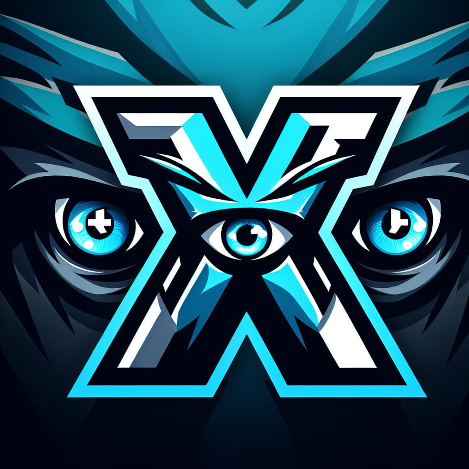 Create a gaming logo featuring the letters TXF prominently displayedwith the letter X having blue eyes for an intense and captivating look. The overall design should evoke a sense of powerintensityand gaming prowess. text effect image