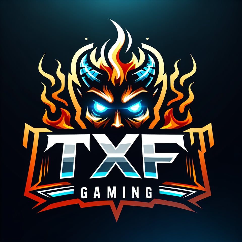  Create a gaming logo featuring the letters TXF prominently displayedwith the letter X having flaming devil blue eyes for an intense and captivating look. The overall design should evoke a sense of powerintensityand gaming prowess. text effect image