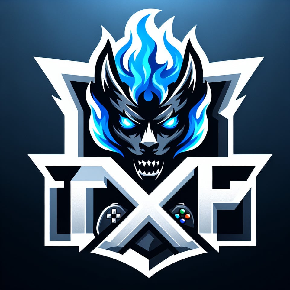 Create a gaming logo featuring the letters TXF prominently displayedwith the letter X having flaming devil blue eyes for an intense and captivating look. The overall design should evoke a sense of powerintensityand gaming prowess. color should be in blueblack white and silver text effect image