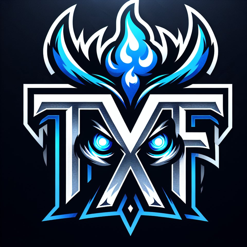  Create a gaming logo featuring the letters TXF prominently displayedwith the letter X having flaming devil blue eyes for an intense and captivating look. The overall design should evoke a sense of powerintensityand gaming prowess. color should be in blueblack white and silver text effect image