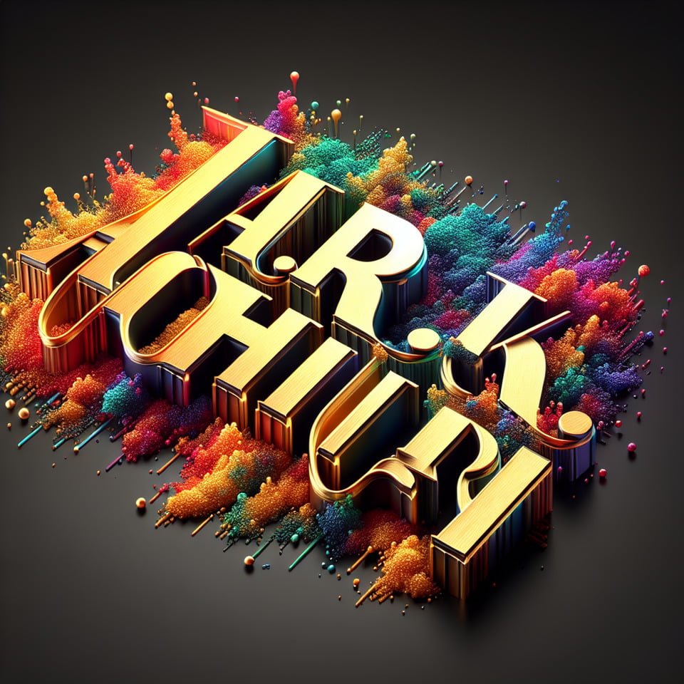 Text N.R.K.Adhira colorful splash 3d text in goldsilver plate and background color cinematictypography3d renderposter text effect image