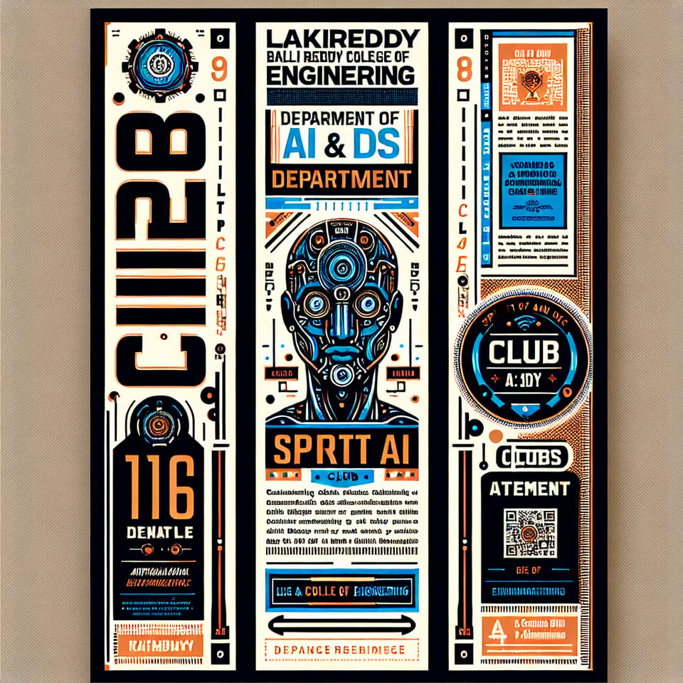 Banner Layout (Vertical):,,Background: Use a bold and eye-catching color or image related to Artificial Intelligence (AI) or Data Science (DS).,Top Section (1/3rd of the banner):,College Name: Display Lakireddy Bali Reddy College of Engineering prominently at the top. You can use a larger font size and a contrasting color for better visibility.,Department Name: Include Department of AI & DS below the college name in a slightly smaller font size.,Center Section (1/3rd of the banner):,Club Logo: Place your club's logo in the center of this section. Ensure it's clear and recognizable.,Club Name: Display Spirit of AI below the logo in a large and bold font. You can use a different color to make the club name stand out.,Bottom Section (1/3rd of the banner):,Event Details: Mention Club Day in a clear font.,Date: Indicate the date 16th in a larger font size. You can mention the month name below in a smaller font.,Additional Tips:,,Font Selection: Choose easy-to-read fonts for all the text elements.,Color Scheme: Maintain a consistent color scheme throughout the banner that complements the background and text.,QR Code (Optional): You can include a QR code that links to your club's website or social media page for further information.,Software: You can use various online graphic design tools or software like Canva to create the banner.,Here's a text-based representation of the banner layout:,,+--------------------+,| Lakireddy Bali     | (College Name - Larger font),| Reddy College of   |,| Engineering        | (Department Name - Smaller font),+--------------------+,|        [Club Logo]  | (Club Logo),+--------------------+,|  Spirit of AI      | (Club Name - Large & Bold font),+--------------------+,|  Club Day           | (Event Name),+--------------------+,|       16th          | (Date - Larger font),|       [Month]       | (Month name - Smaller font),+--------------------+,| (Optional: QR Code) |,+--------------------+ text effect image