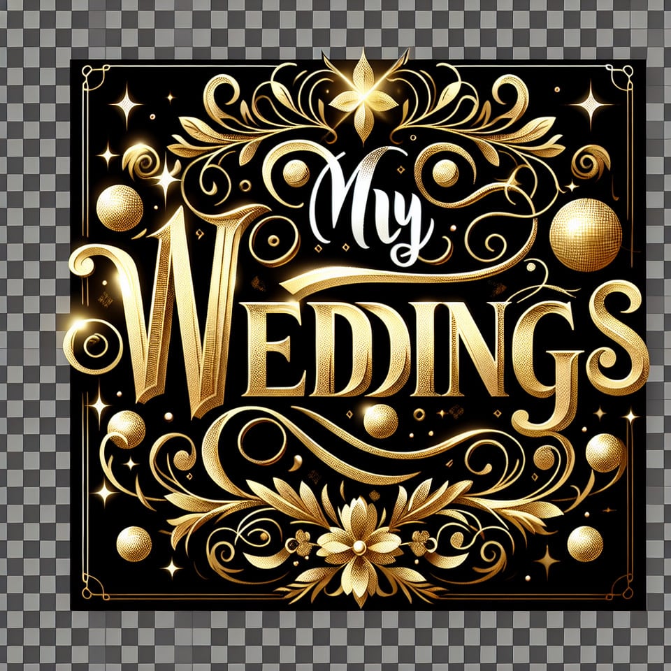 text  My Wedding  lettering in luxury gold color on PNG background. text effect image
