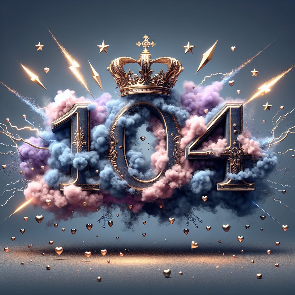 The name 1704 with smoke lightning stars IN DIFFERENT SHADES OF BLUE and purple metalic and a golden crown,small heartsvintage text effect image