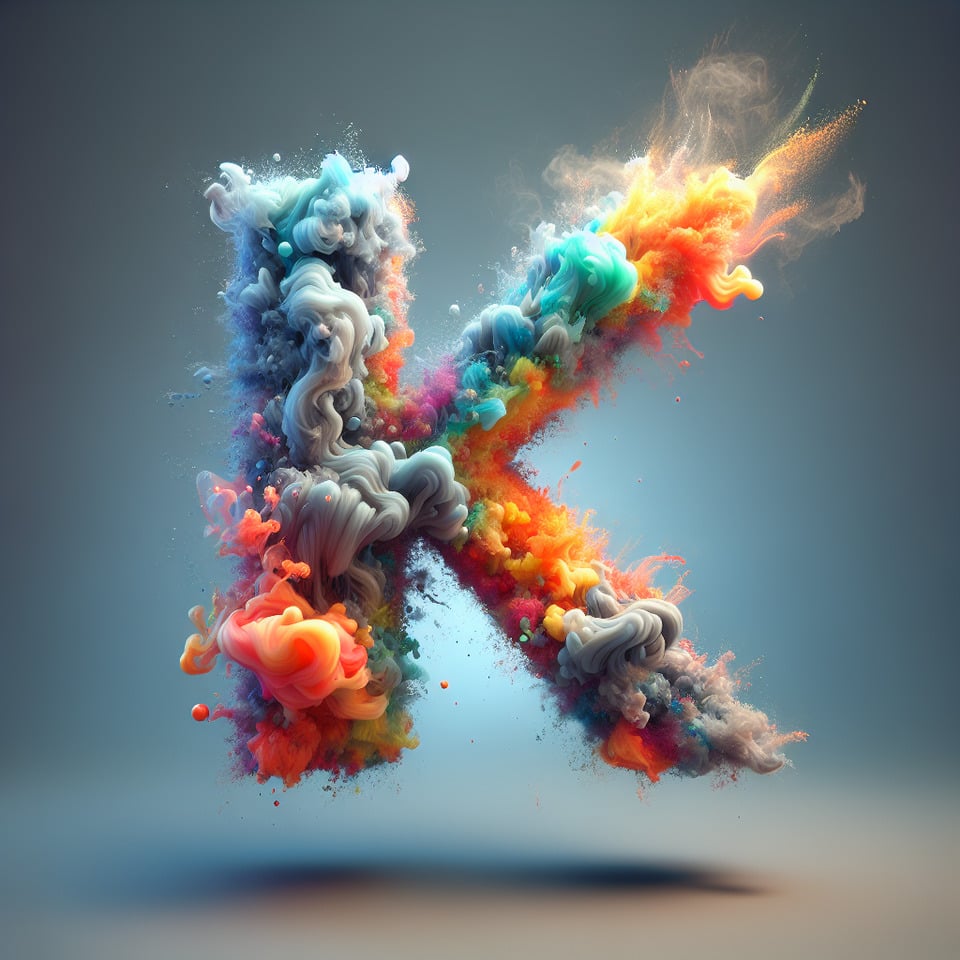 Text K colorful splash 3d text and smoky transparent backgroundRealistic detailed view. text effect image