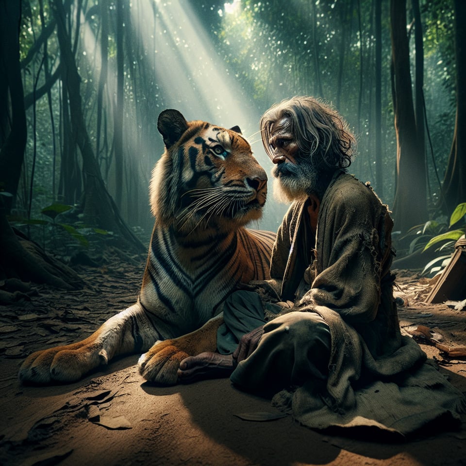 A BEGGER IN JUNGLE WITH A TIGERcinematic text effect image