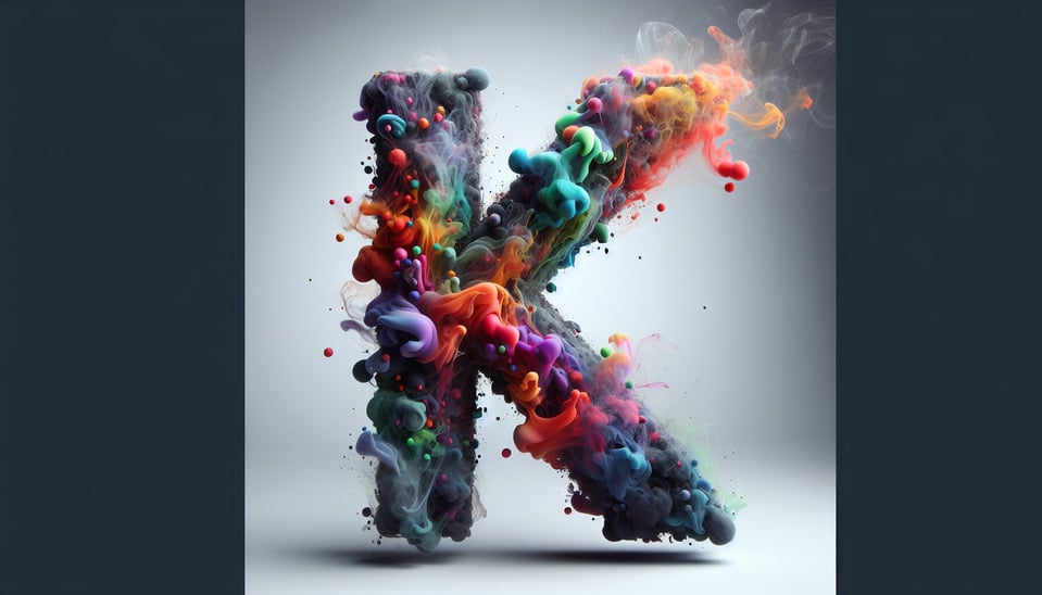 Text k colorful splash 3d text and smoky white backgroundRealistic detailed view. text effect image