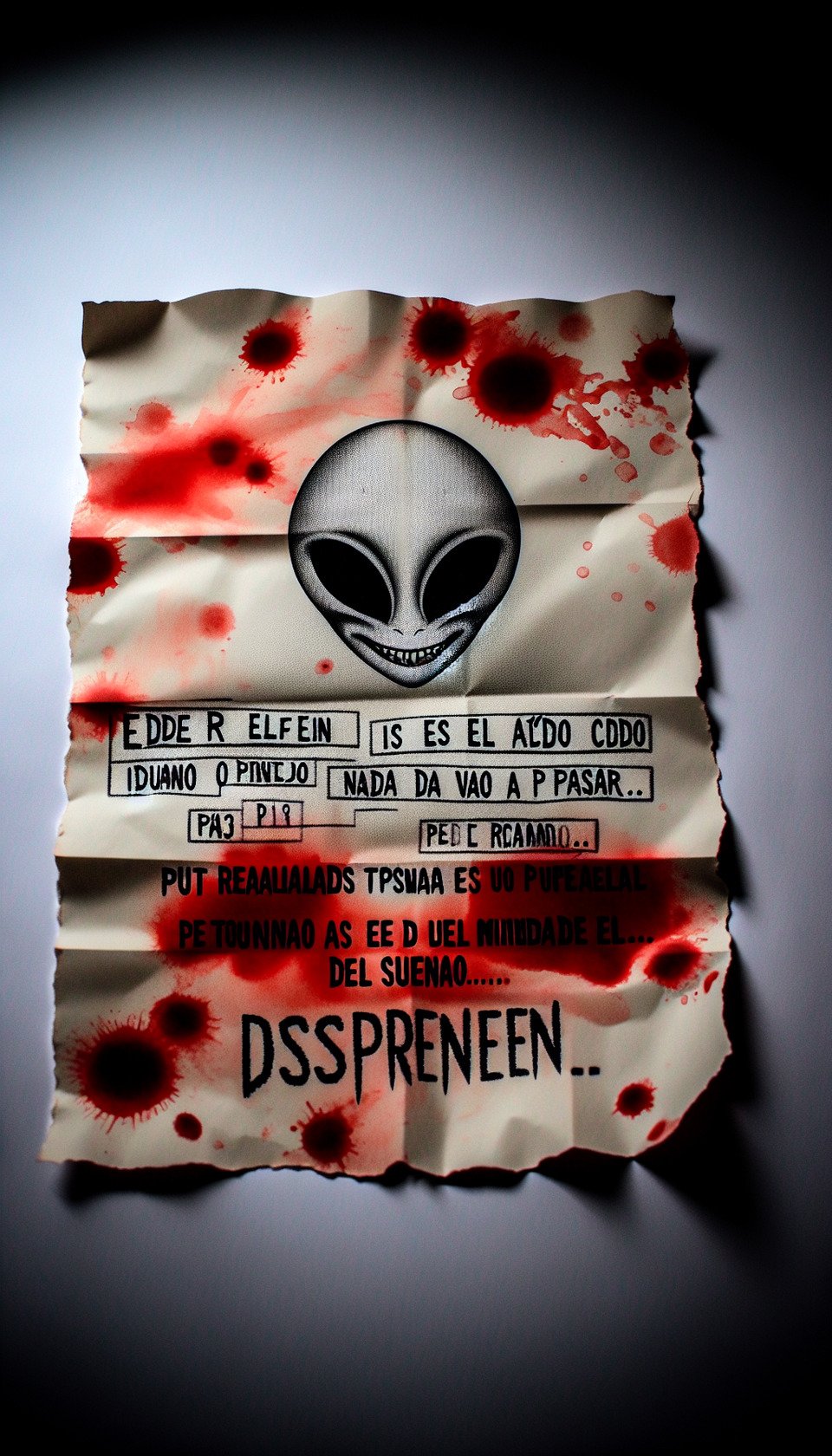a bloody drops paper on a piece of paper of a alien smiling written on the paper is eder elfen is the day when you all think nothing is going to happen but reality is you all are in dream world ,,,,,,,,,,WAKE UPPPPP...... like this in spanish text text effect image