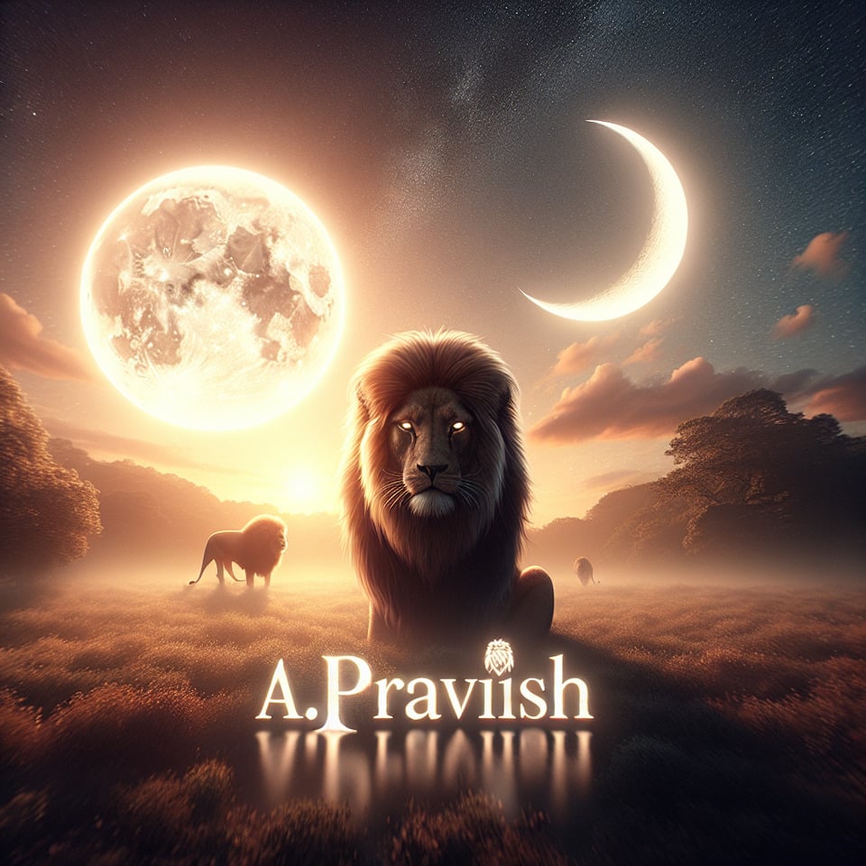 the text A.PRAVISH and sun and moon and a lion in background text effect image