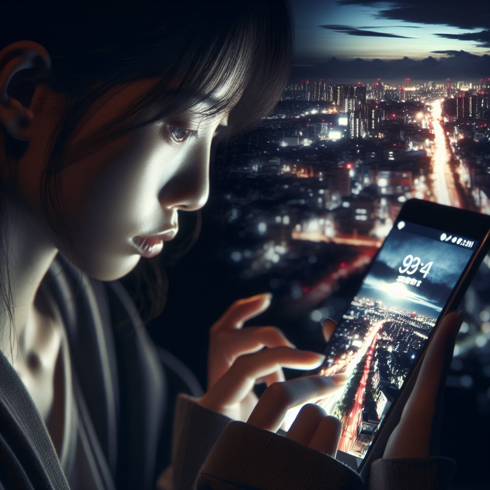 歐美風的 攝影風格 心情不好的女生 在夜晚 看著手機的 圖片 text effect image