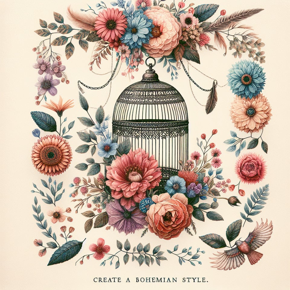 Bohemianism illustration of a mixture of a flowers and bird cageleaves surrounding text effect image