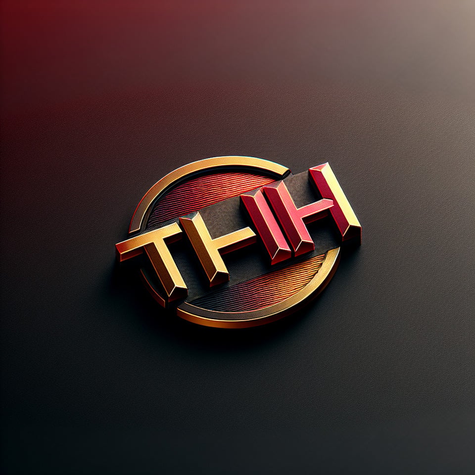用TCH三個字母設計成一枚徽章 金屬感 紅色,金色漸層3d rendercinematic text effect image