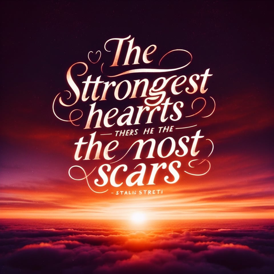 The strongest hearts have the most scars. - Background: A serene sunset over a horizonFont Style: Elegant script. text effect image