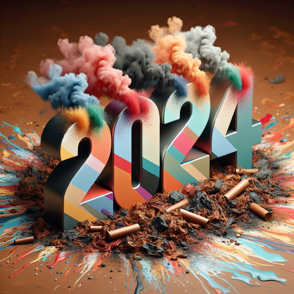 文字「2024」彩色飛濺 3d 文字和菸草背景 text effect image