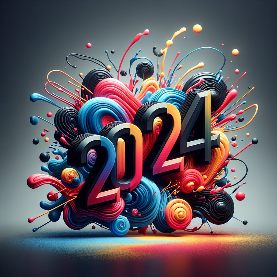 文字「2024」彩色飛濺 3d 文字和菸草背景cinematicillustration3d rendertypographyphotoposter text effect image