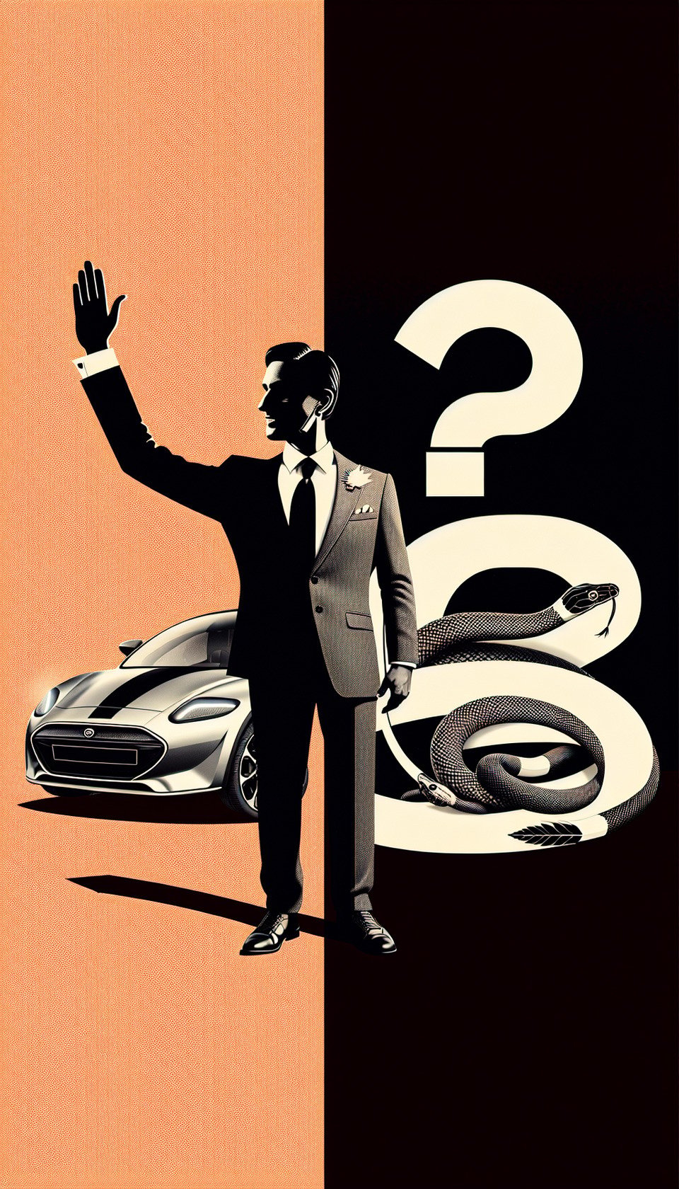 Left side (1/3): Image of Prime Minister Modi waving to a crowd at his rally.,Center (1/3): Image of a sleek electric car.,Right side (1/3): Split image showing one half with a question mark and the other half with a snake slithering out. text effect image
