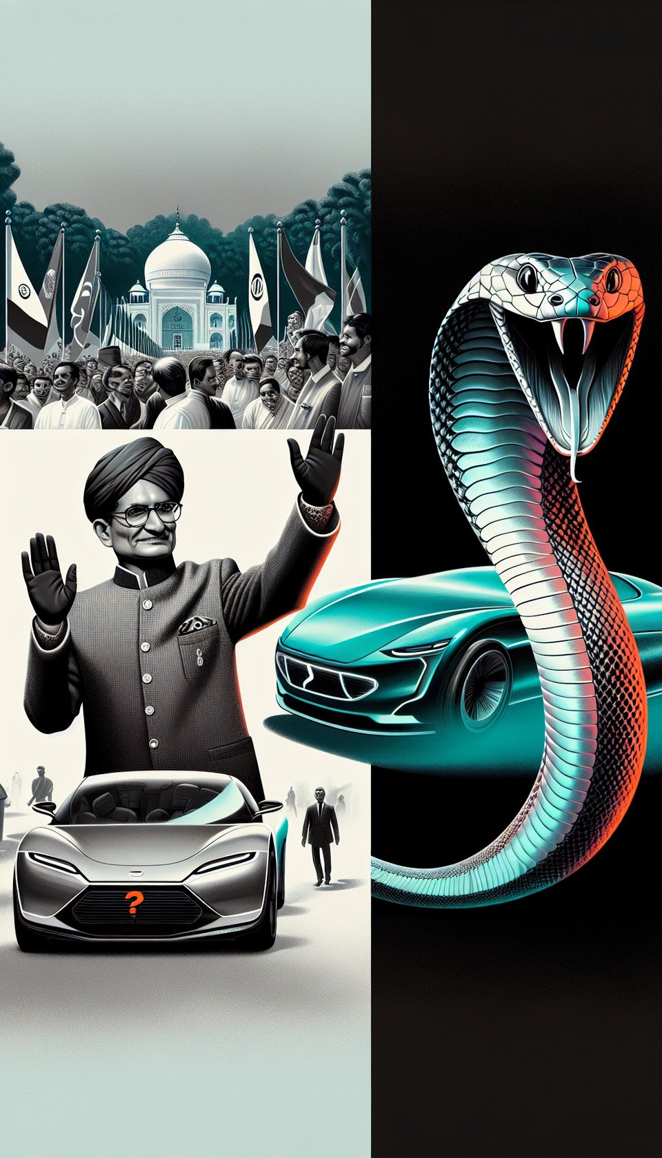 Left side (1/3): Image of Prime Minister Modi waving to a crowd at his rally.,Center (1/3): Image of a sleek electric car.,Right side (1/3): Split image showing one half with a question mark and the other half with a snake slithering out. text effect image